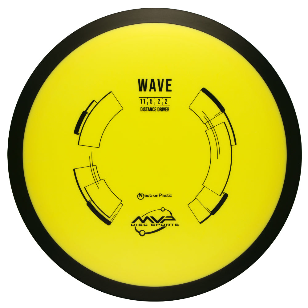 Yellow disc golf disc with MVP Wave Neutron branding on a white background, 170-175g disc