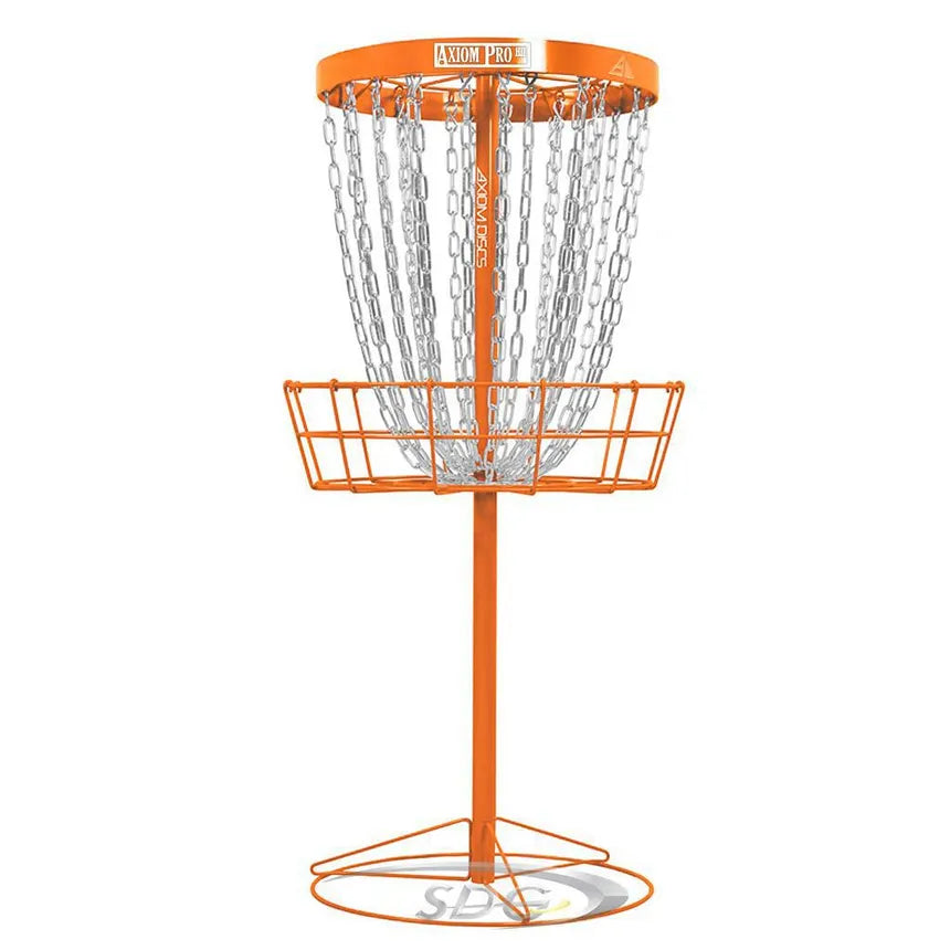 Disc golf basket with orange frame and chain target on a white background