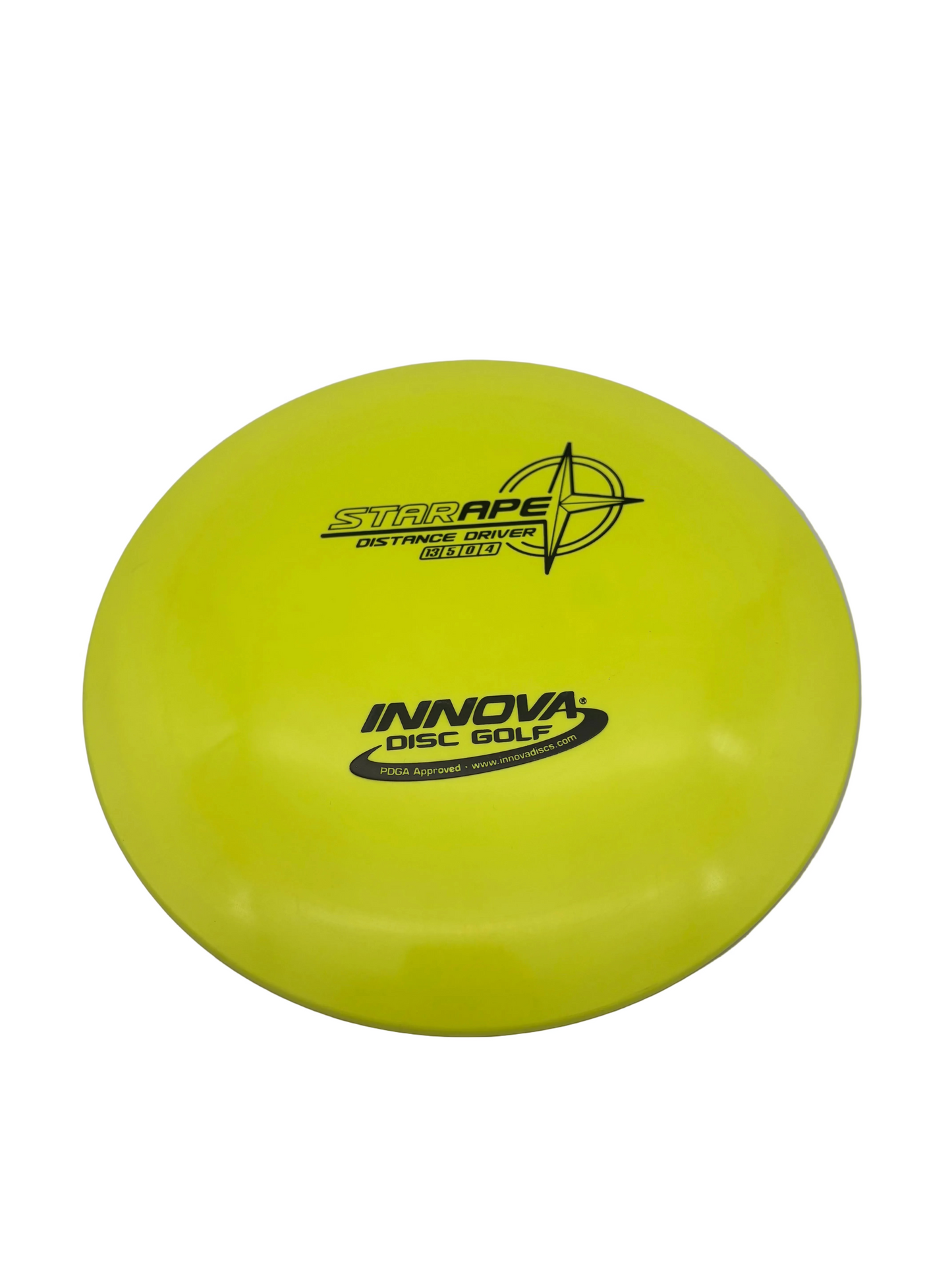 Yellow disc golf disc with Innova branding on a gray background
