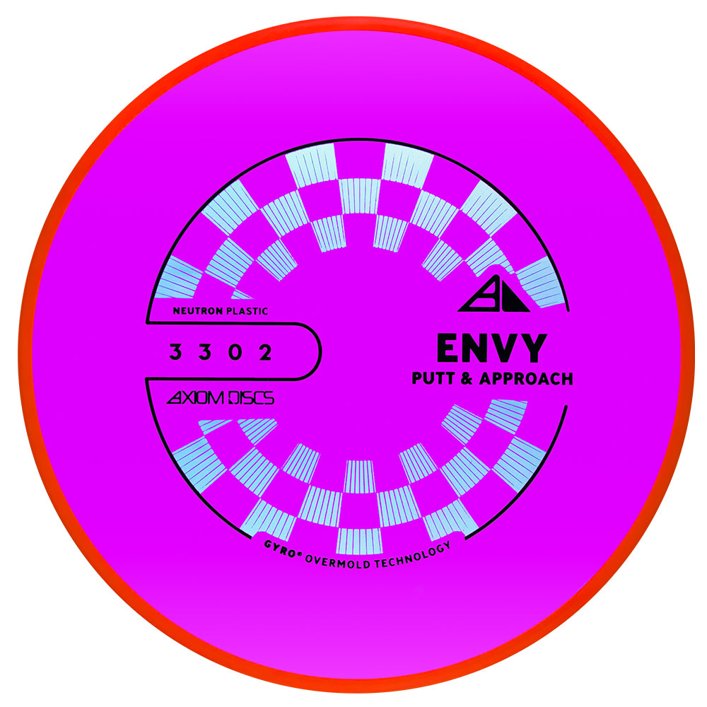 Disc golf disc with pink and red design, Axiom Envy Neutron Project Lab Coat disc on a white background, 170-175g disc