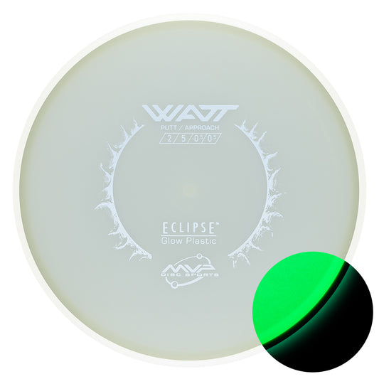 White Disc golf disc, MVP Watt Eclipse Glow on a white background