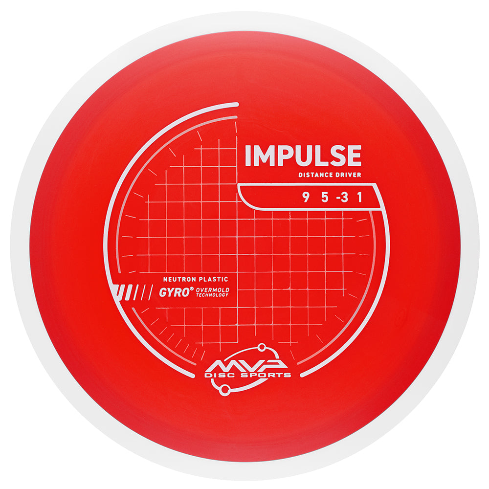Red disc golf driver with white text, MVP Impulse Neutron (Project Lab Coat) 170-175 on a white background