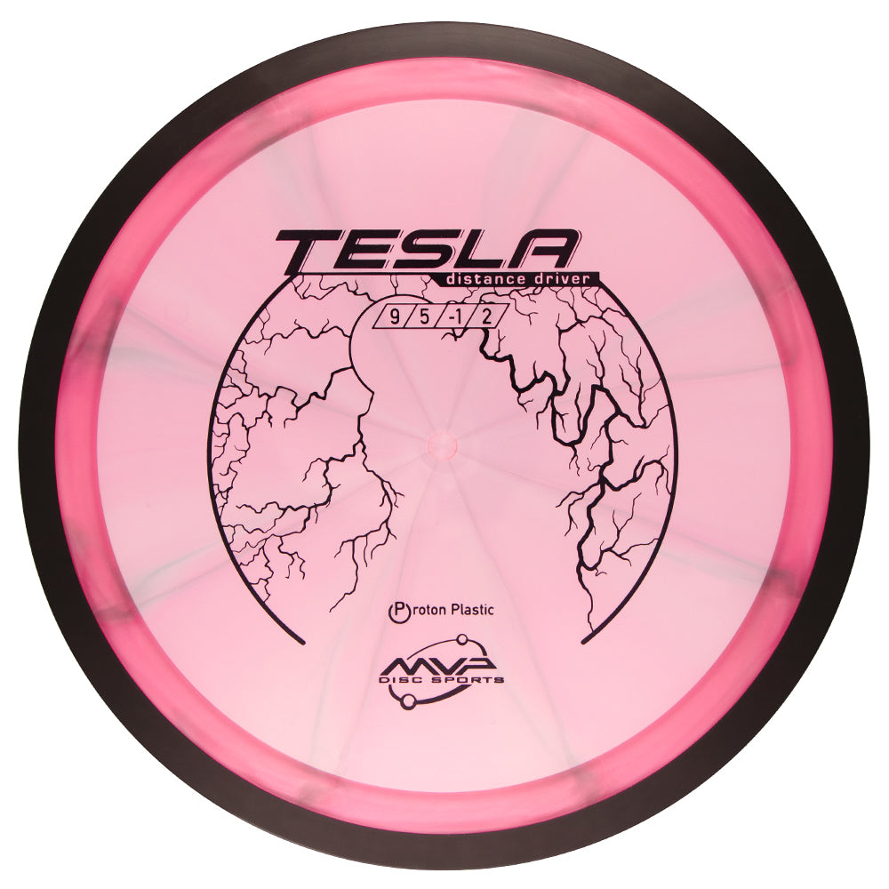 Pink disc golf driver with MVP Tesla Proton branding on a white background, 170-175g