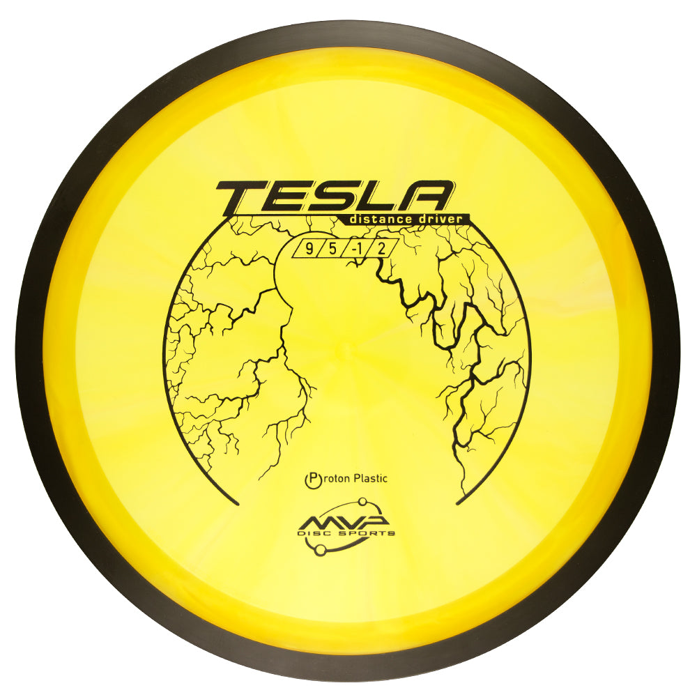 Yellow disc golf disc with MVP Tesla Proton branding on a white background, 170-175g