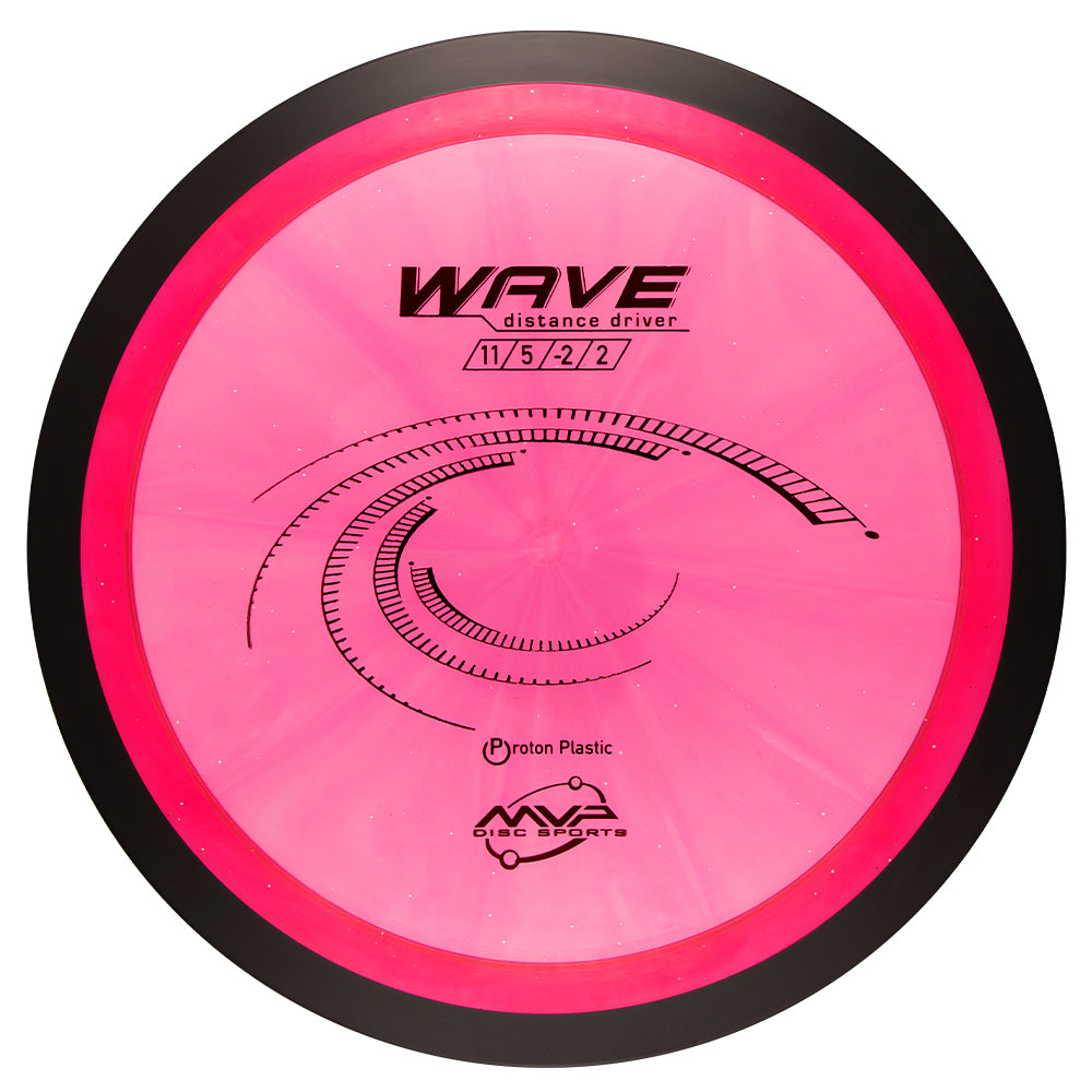MVP Wave – Proton Plastic - Pink disc golf driver with black rim and MVP Disc Sports branding on a white background 
