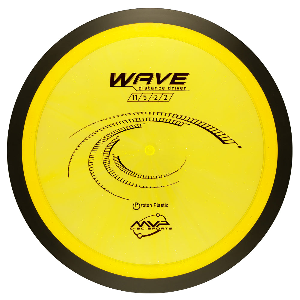 MVP Wave – Proton Plastic- Yellow disc golf driver with black text and branding on a white background