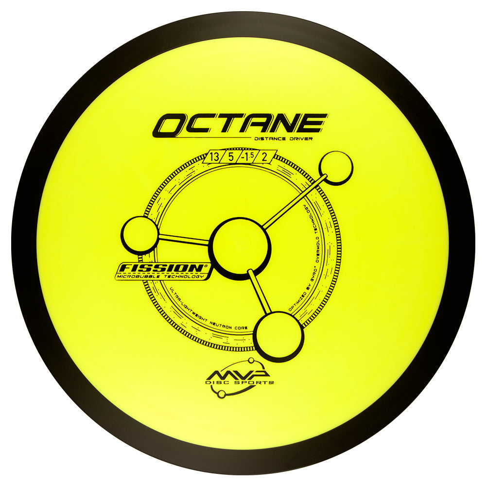 MVP Octane – Fission Plastic Yellow disc golf disc with black text and branding on a white background