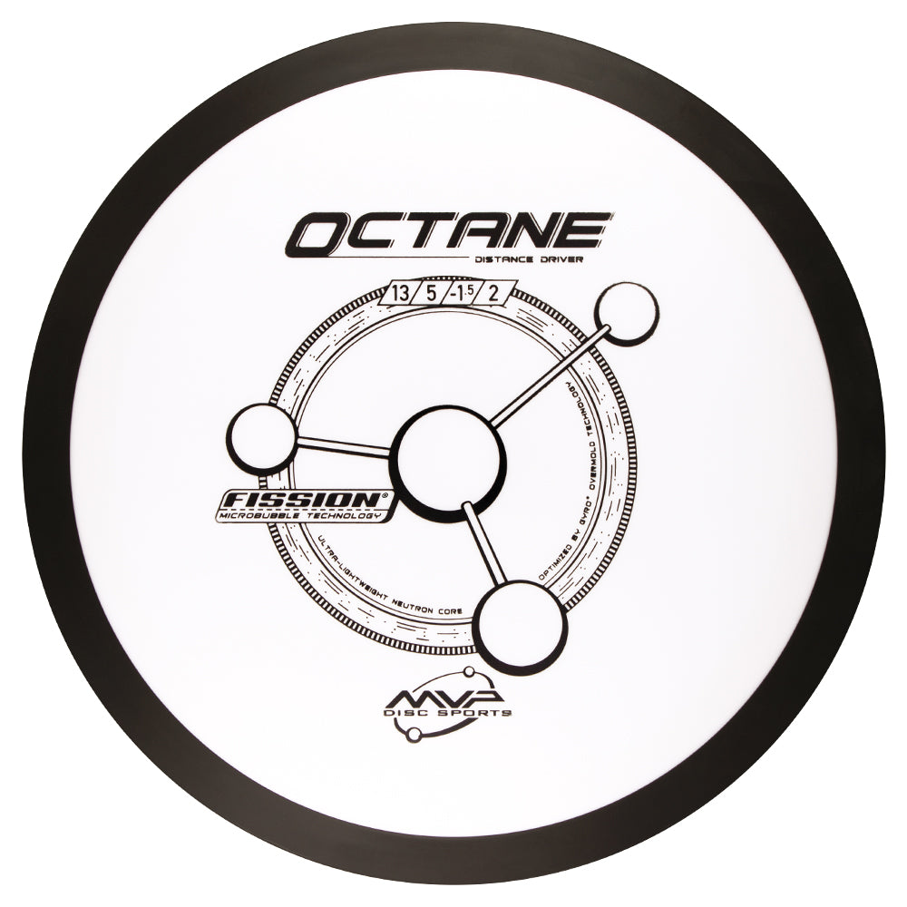 Disc golf disc with 'Octane' and 'Fission' branding on a white background