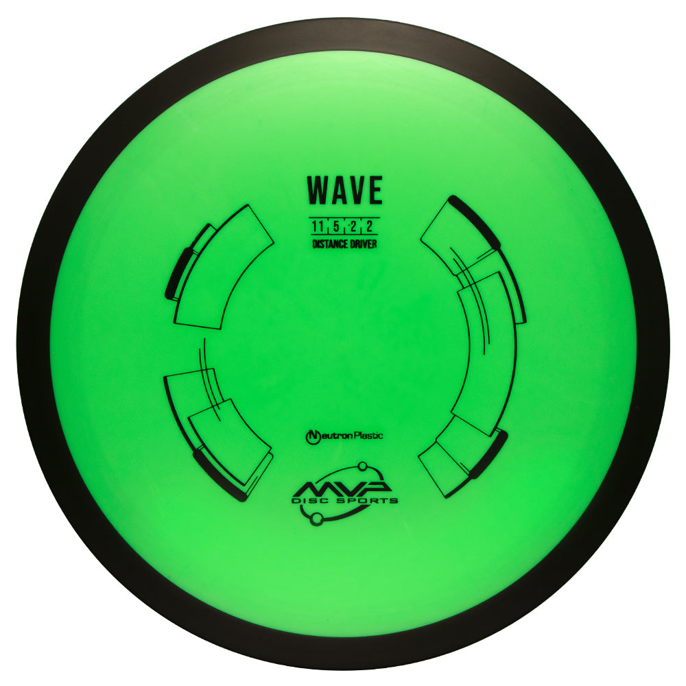 Green disc golf disc with MVP Wave Neutron branding on a white background, 170-175g disc