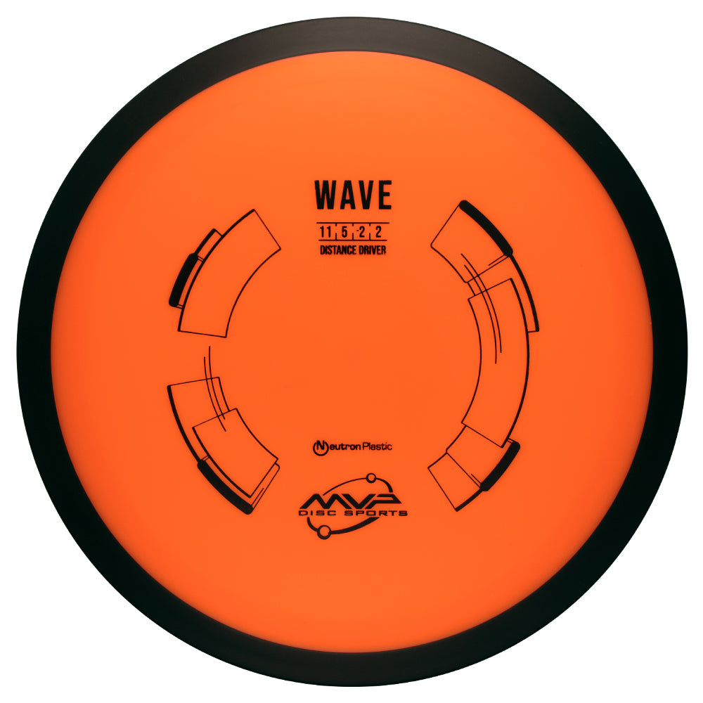 Orange disc golf disc with MVP Wave Neutron branding on a white background, 170-175g disc