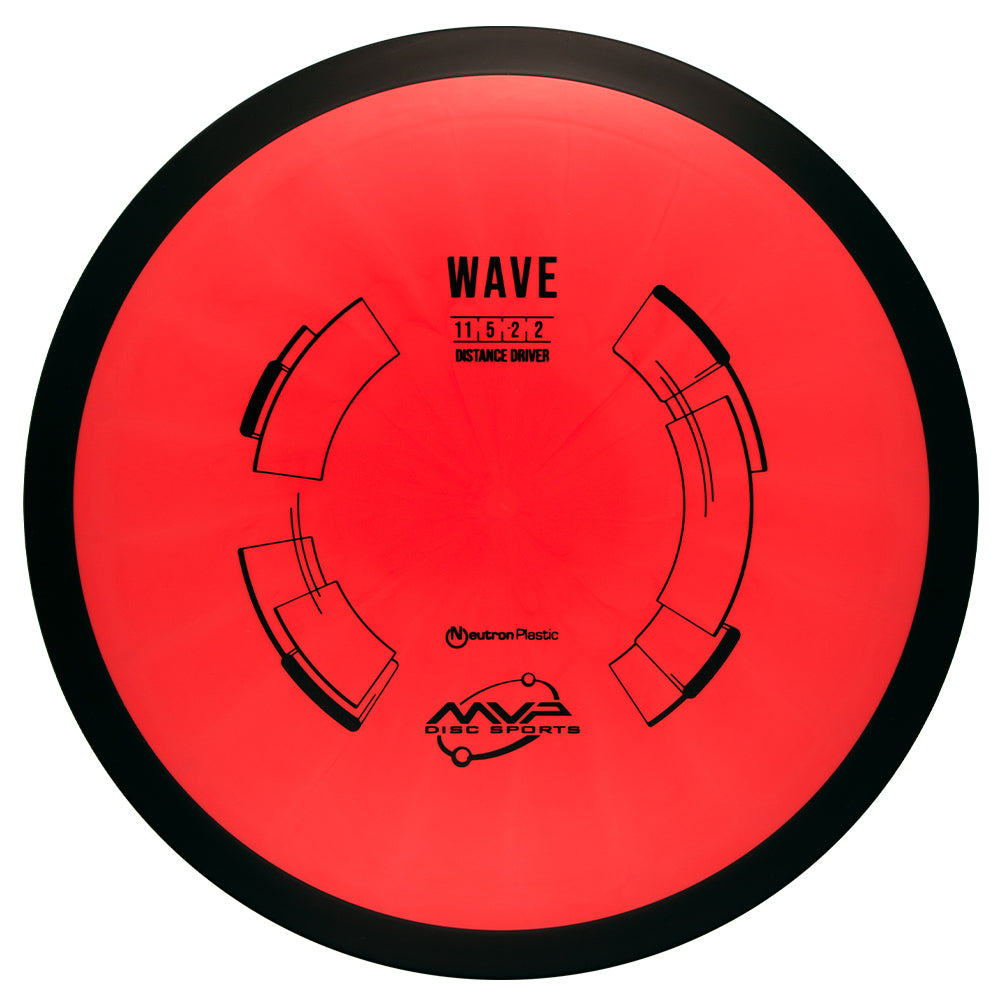 Red disc golf disc with MVP Wave Neutron branding on a white background, 170-175g disc