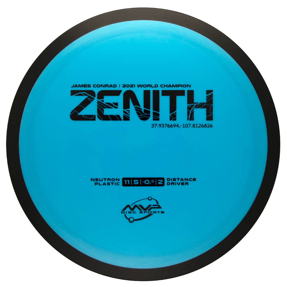 Blue disc golf disc with MVP Neutron Zenith branding on a white background, 170-175 gram disc