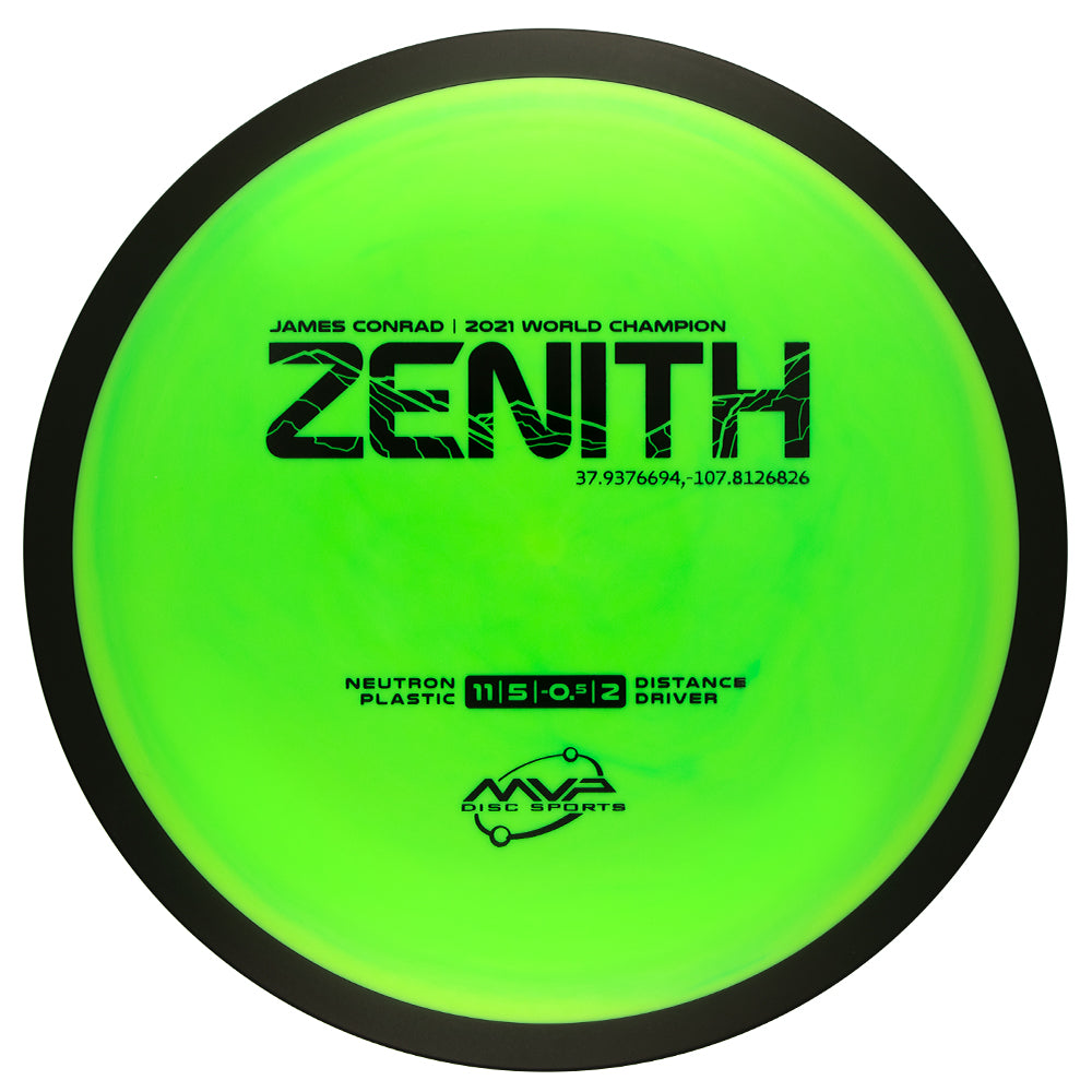 Green disc golf disc with black text and MVP Disc Sports and Zenith logos on a white background, 170-175 gram disc