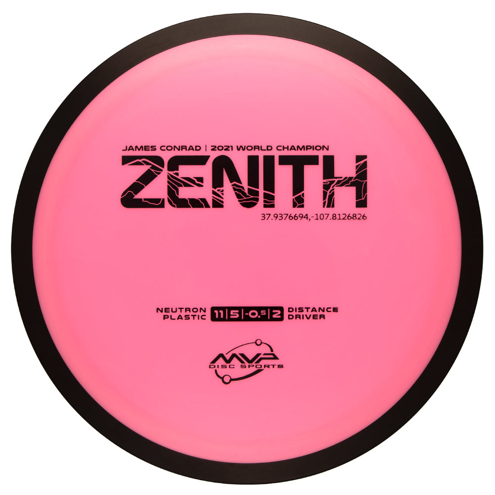 Pink disc golf disc with 'Zenith' branding and MVP Disc Sports logo on a white background, 170-175 gram disc