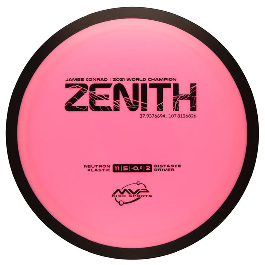 Pink disc golf disc with 'Zenith' branding and MVP Disc Sports logo on a white background, 170-175 gram disc
