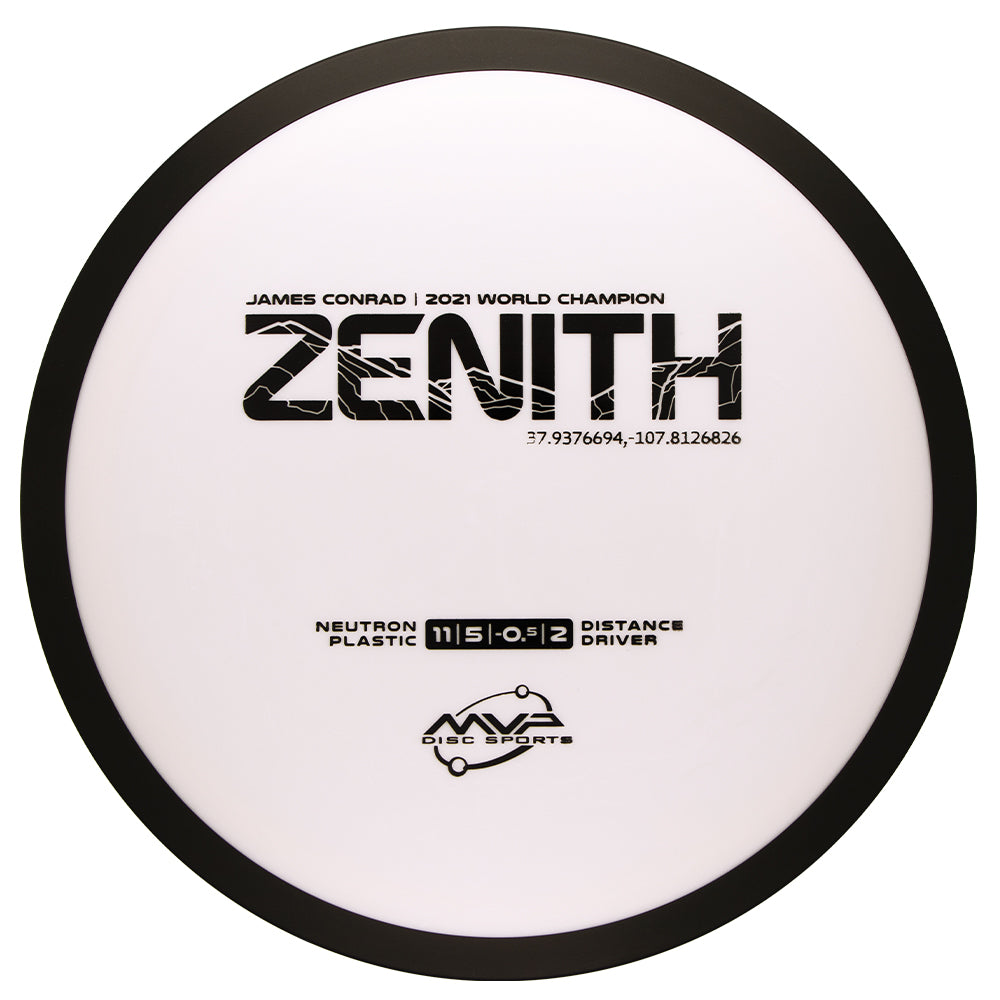 White disc golf disc with 'Zenith' branding and MVP Disc Sports logo on a white background, 170-175 gram disc