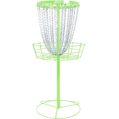 Disc golf basket with green stand and chain catcher on a white background