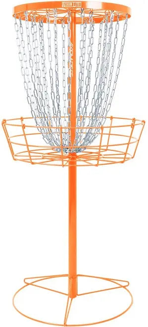 Orange Disc golf basket with chains on a white background