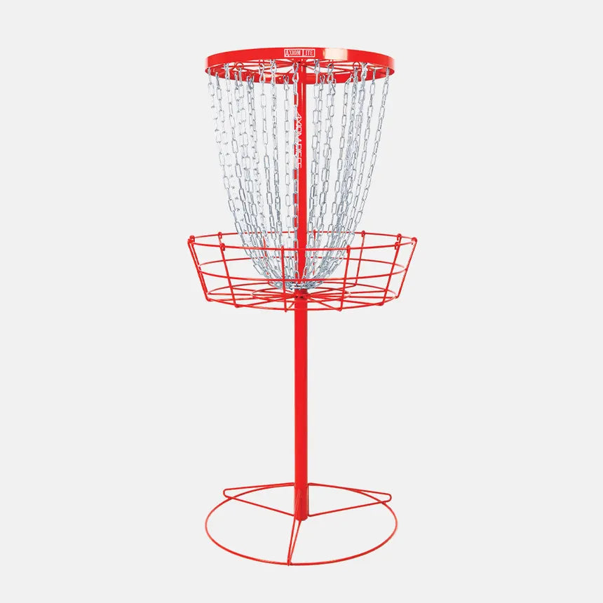 Red metal disc golf basket on a white background