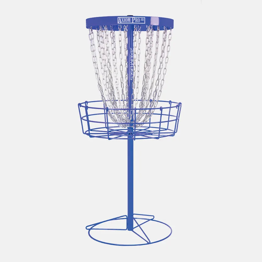 Blue disc golf basket on a white background