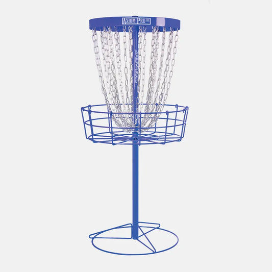 Blue disc golf basket on a white background