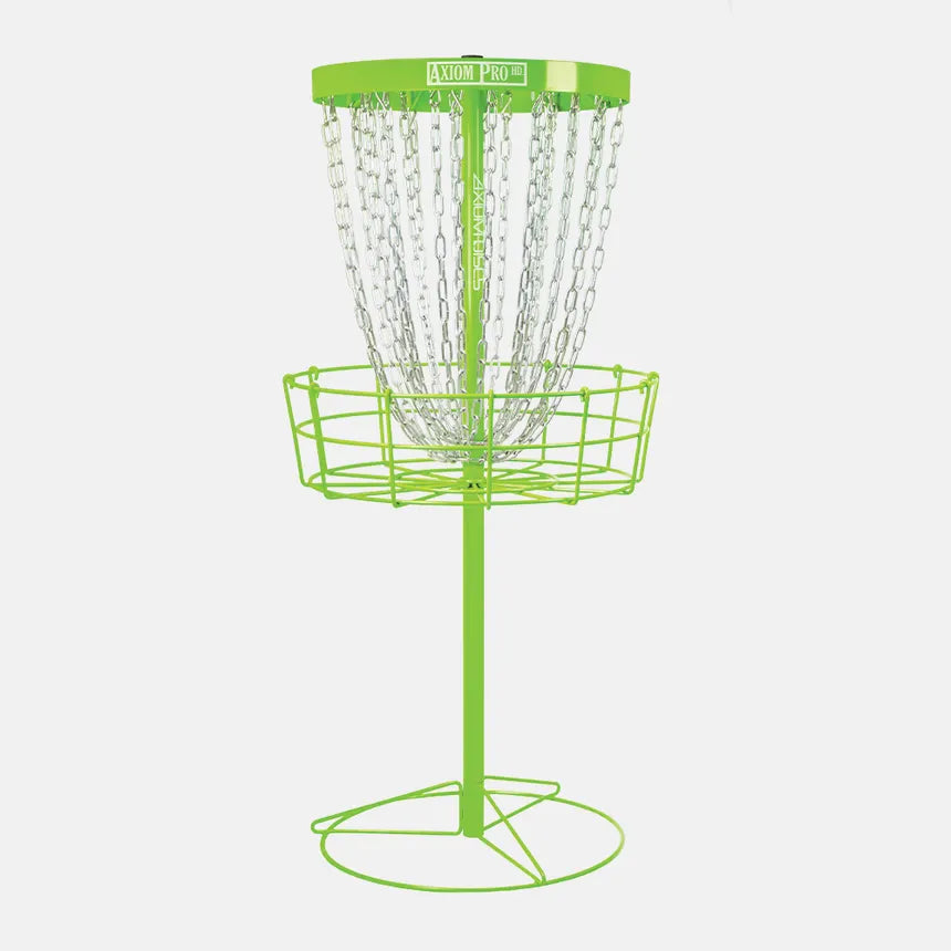 Green disc golf basket on a white background