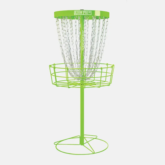 Green disc golf basket on a white background