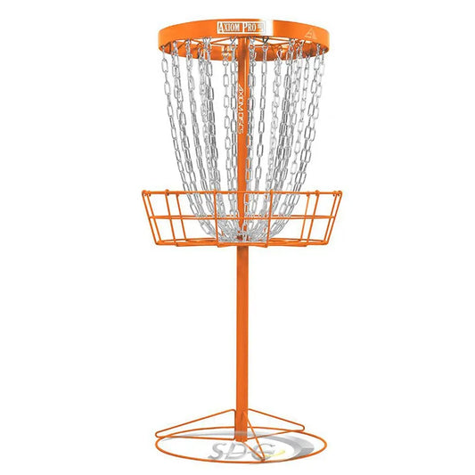 Disc golf basket with orange frame and chain target on a white background
