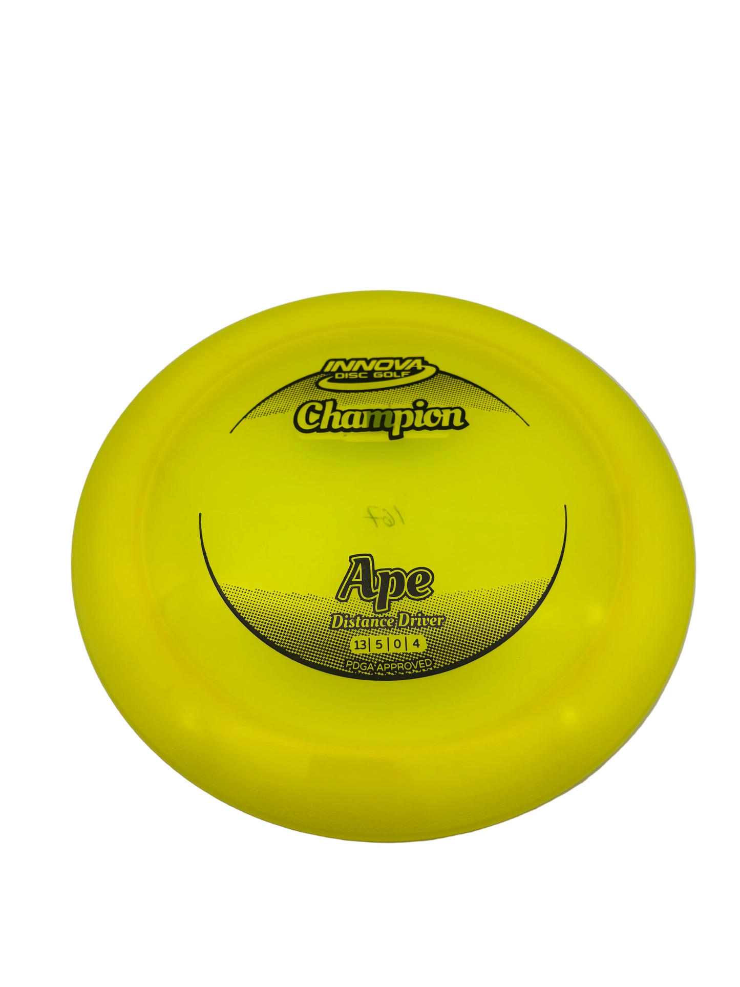Yellow disc golf disc with 'Innova Champion' and 'Ape' branding on a white background