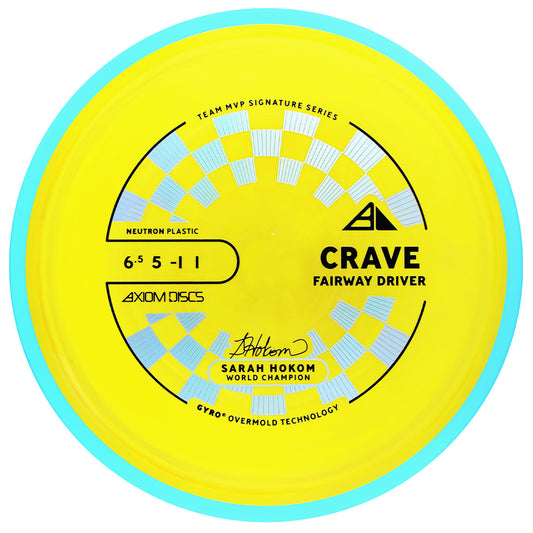 Yellow disc golf fairway drive, Axiom Crave Neutron from Project Lab Coat on a white background, 165-169 grams
