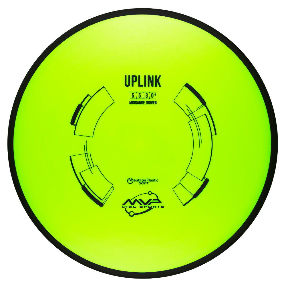 Green disc golf midrange driver, MVP uplink neutron on a white background