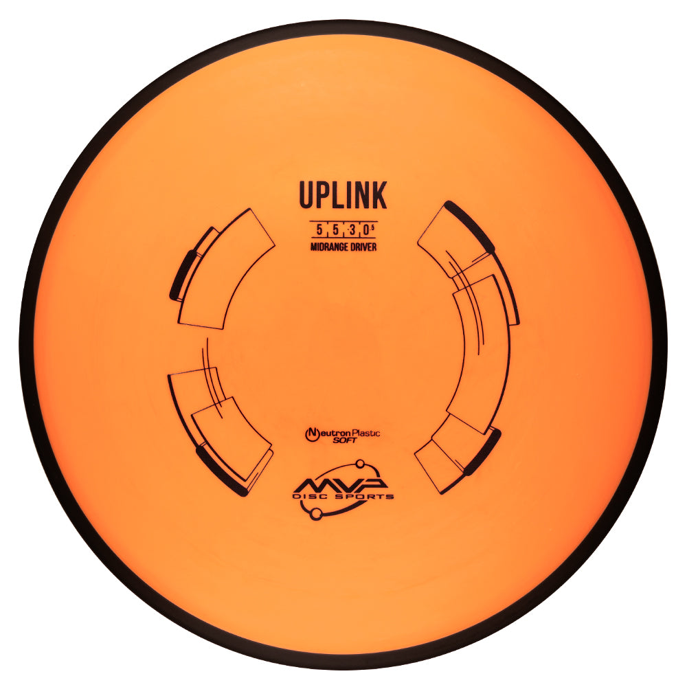 Orange disc golf disc, MVP uplink neutron on a white background