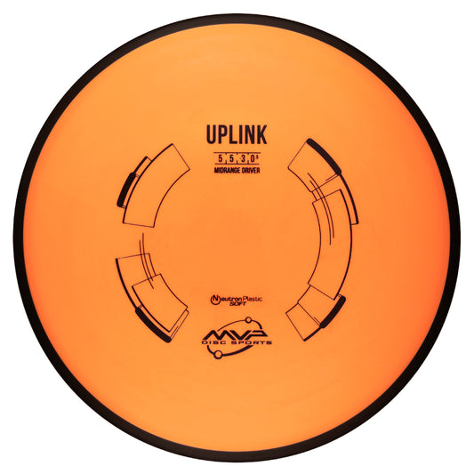 Orange disc golf disc, MVP uplink neutron on a white background