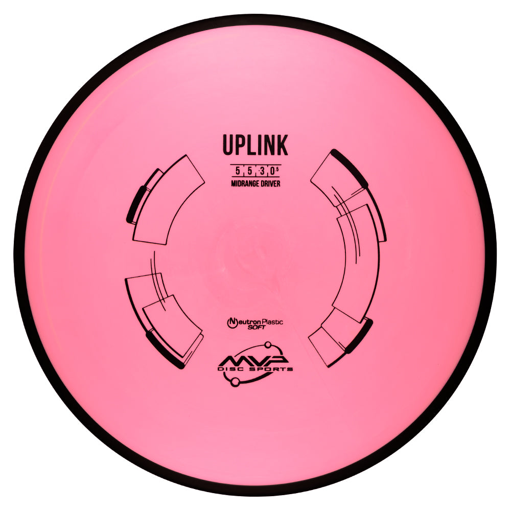 Pink disc golf disc, MVP uplink neutron on a white background