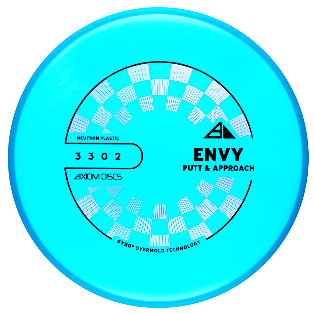 Blue disc golf putter, Axiom Envy Neutron Project Lab Coat disc on a white background, 170-175g disc