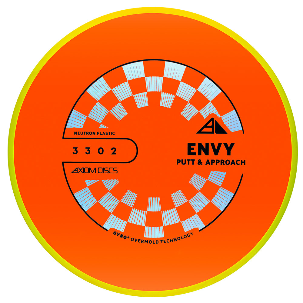 Orange disc golf putter, Axiom Envy Neutron Project Lab Coat disc on a white background, 170-175g disc