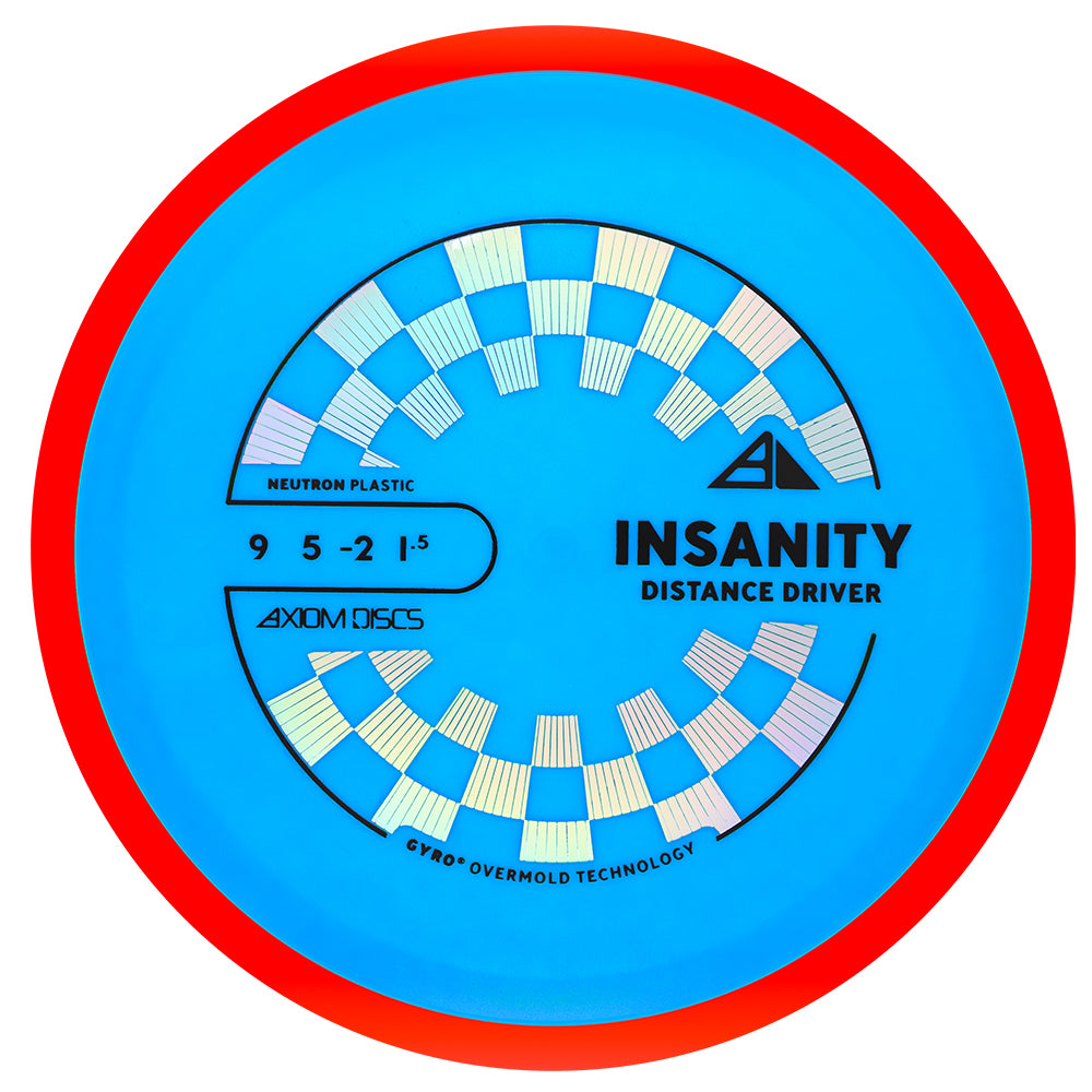 Blue disc with red border and 'Insanity Distance Driver' text on a white background