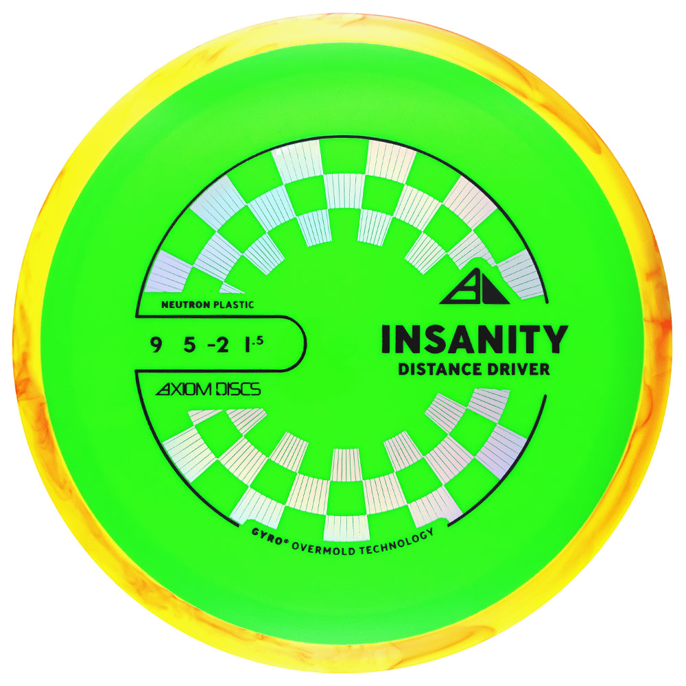 Green disc golf driver with yellow rim on a white background