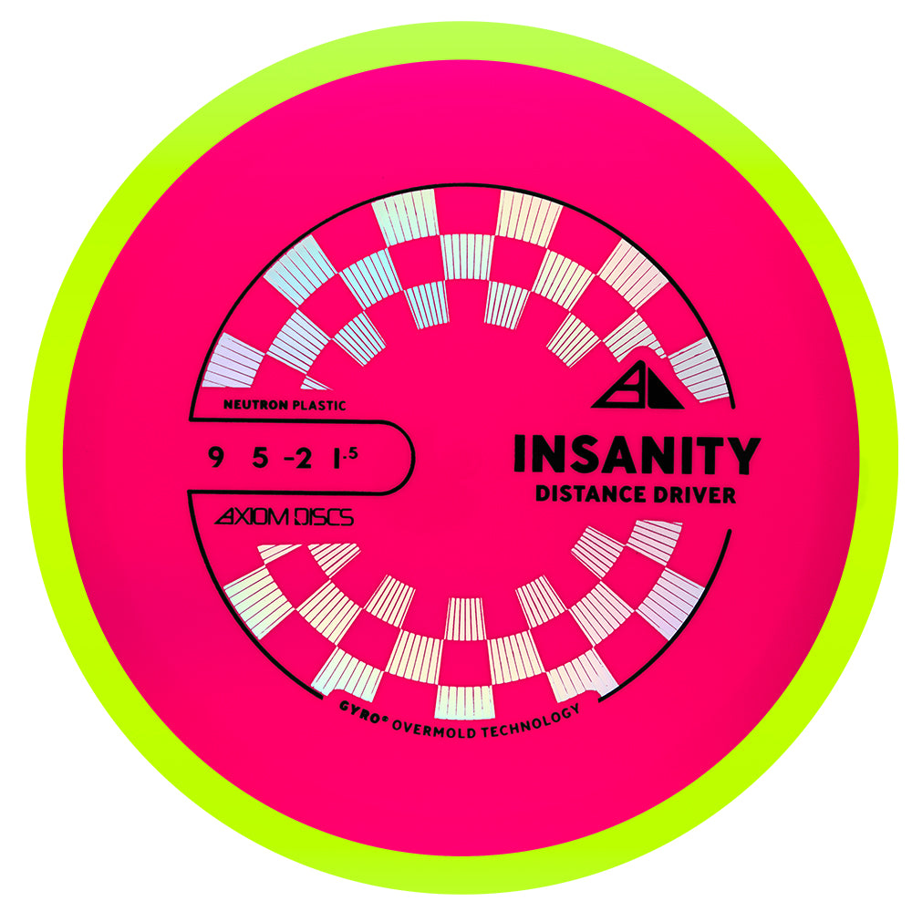 Disc golf disc with 'Insanity Distance Driver' text on a pink and green background