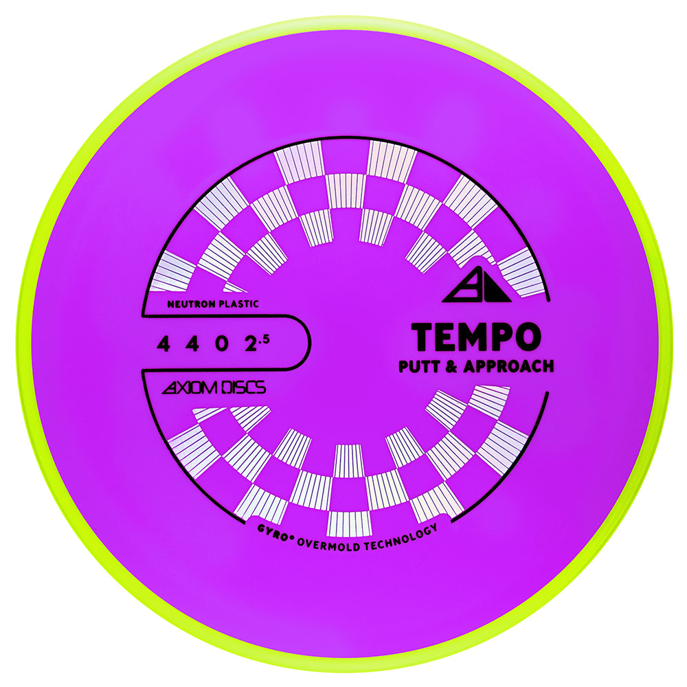 Purple disc golf putter with green rim on a white background