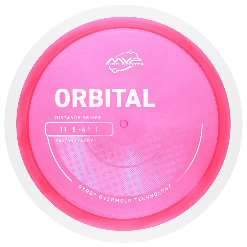 Pink disc golf disc, MVP Orbital Proton on a white background