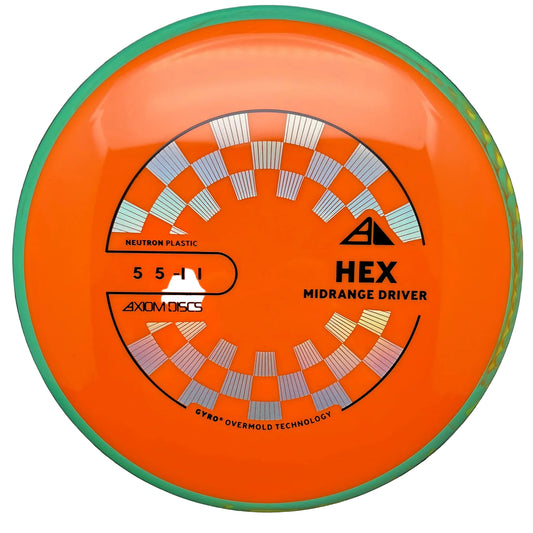 Orange disc golf disc with branding and specifications on a black background