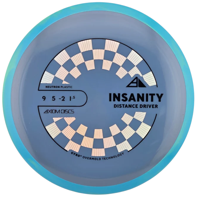 Disc golf disc with 'Insanity Distance Driver' text on a blue and gray background