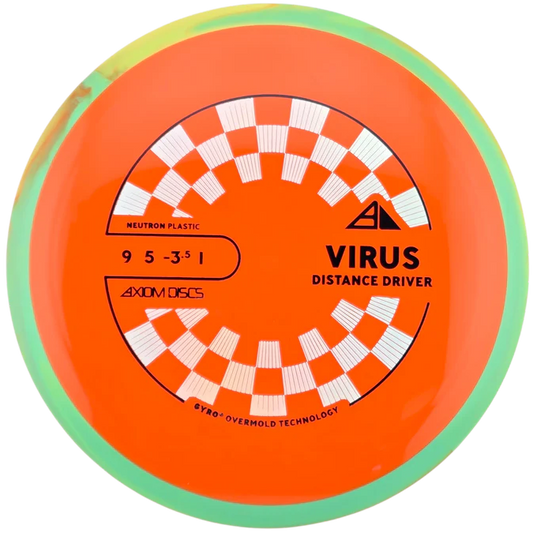 Orange disc golf driver with checkered pattern and branding on a white background
